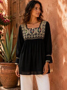 Santa Marguerite Embroidered Cotton Tunic Blouse Black Boho Folk S